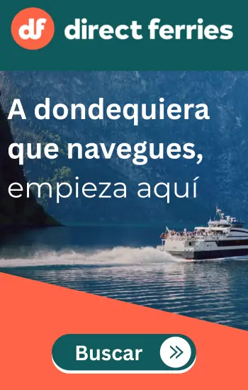 Ferry navegando entre montañas con anuncio para reservar billetes de ferry online y botón Buscar