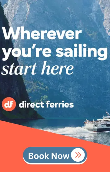 Ferry sailing through scenic coastal cliffs promoting ferry booking tickets online with Book Now button